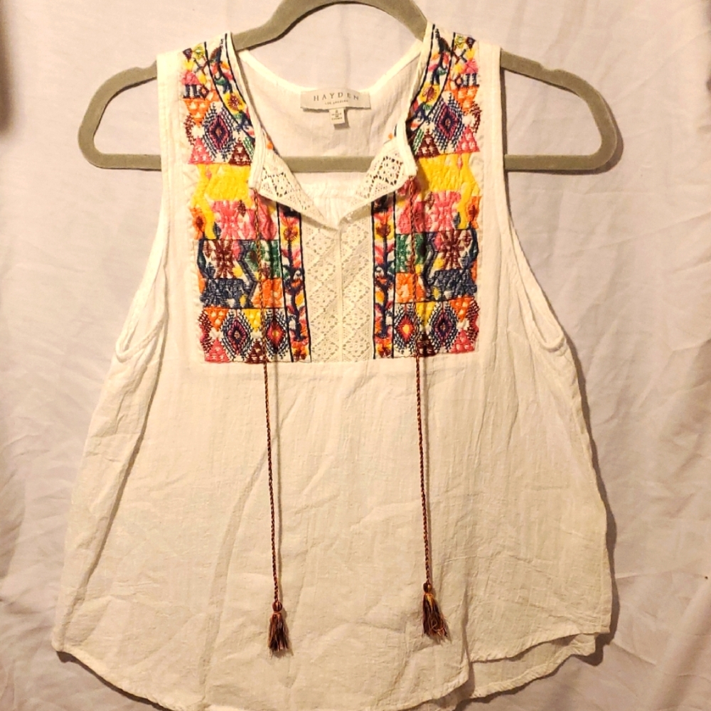 Hayden White Sleeveless Blouse with Graphic Tie Front and Bib Collar